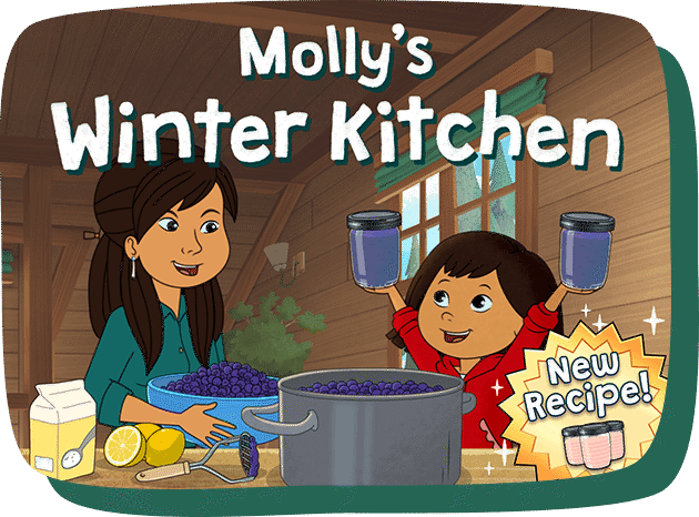 Molly and her mom, Lyla, are in their kitchen with ingredients for blueberry jam on the table. Lyla is holding a large bowl of blueberries. Molly is lifting two jars of jam triumphantly.