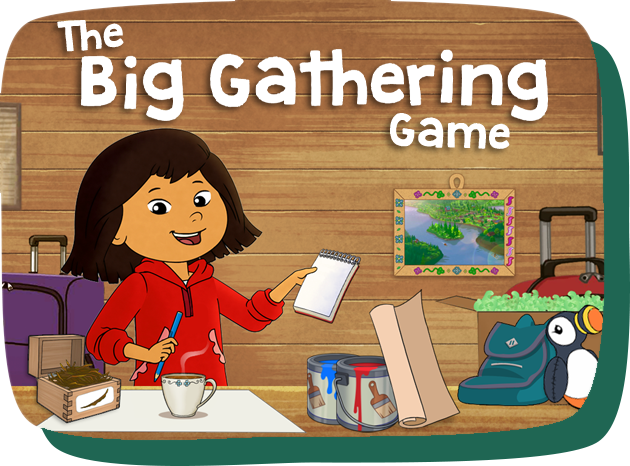 Molly stands behind a desk holding a notebook and pencil. Behind her, there are suitcases and a picture frame hanging on the wall. On the desk in front of her, there are paint cans and a roll of paper, a backpack, a puffin toy, and tea.