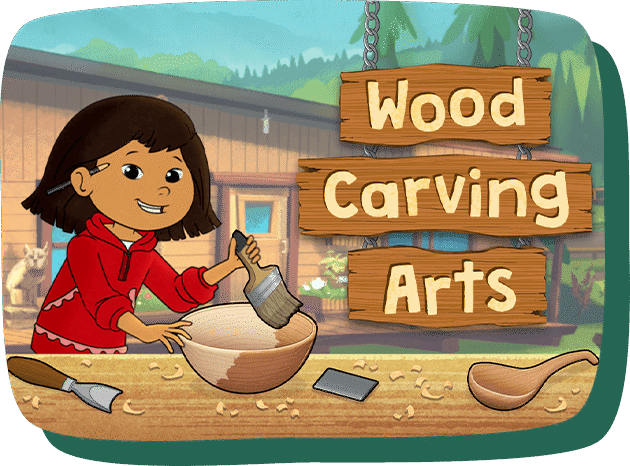 Molly stands behind a table covered in tools and wood shavings. She is brushing oil on a wooden bowl.