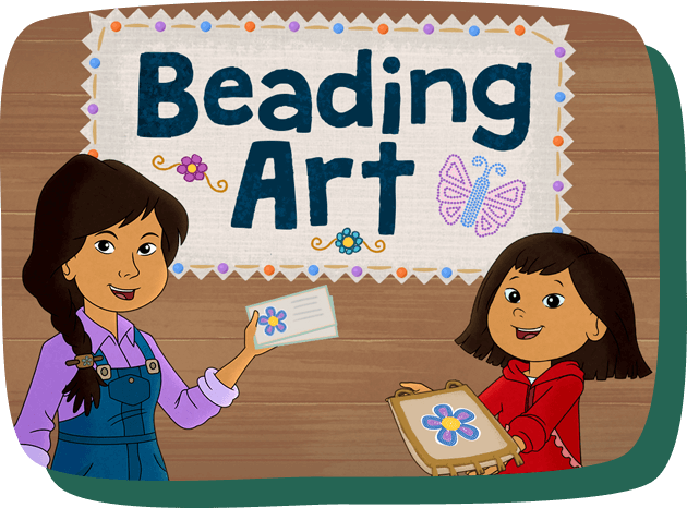 Molly hold a beaded craft and her mom shows a design card with instructions for making the craft.