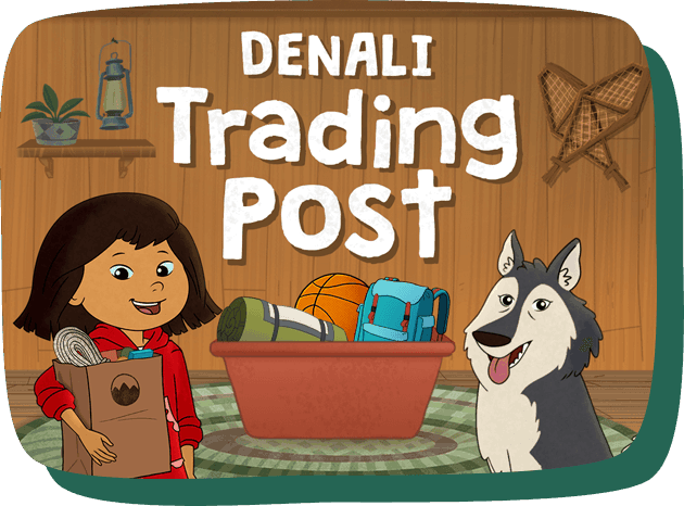 Molly and Suki appear with a bin full full of trading post merchandise. Molly carries a full shopping bag.