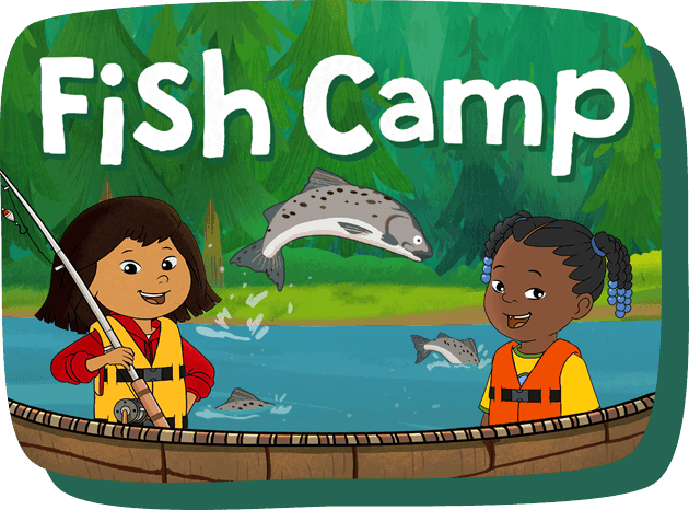 Molly and Trini appear in brightly colored life jackets with large Alaskan salmon leaping out of the water. Molly holds a fishing rod.