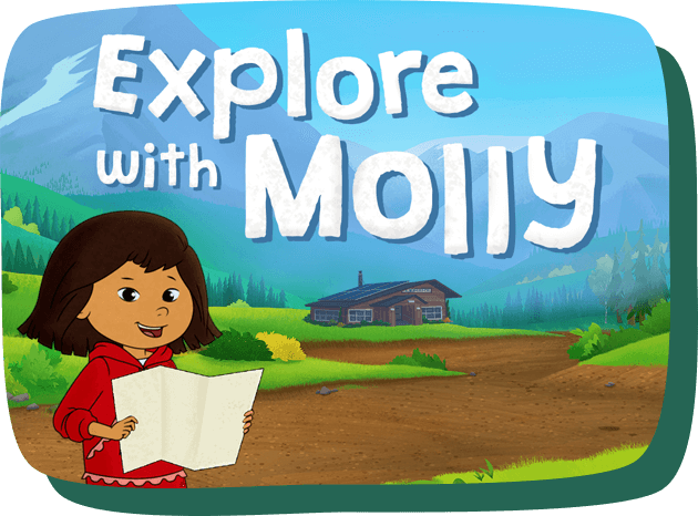 Molly holds open a map and in the distance there are mountains and the trading post.