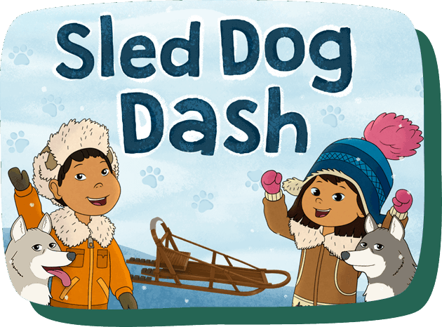 Molly, Suki the sled dog, and Tooey are in their winter gear and are waving.