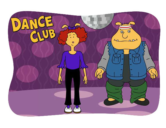Binky and Prunella under a disco ball.