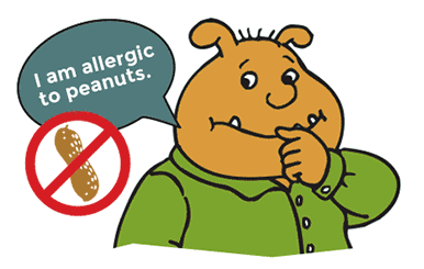 Binky with a speech bubble stating his peanut allergy.