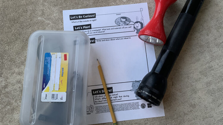 夜间观察套件包括一个小盒子、手电筒和用于夜间探索的观察图。