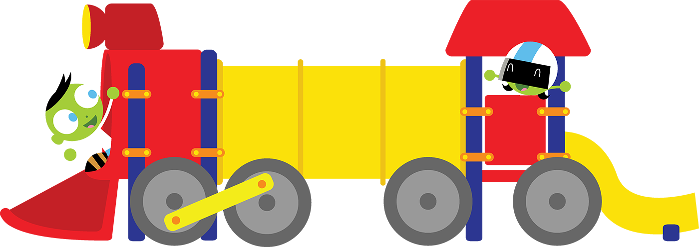 Dee and Del play on a big playground train. 