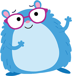 A blue hamster with pink glasses looks up at the team hamster text smiling. 