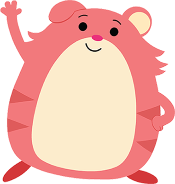 A orange hamster with a floppy ear smiles out at you and waves. 