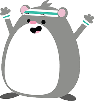 A grey hamster with exercise bands and a headband raises their arms and waves happily at you. 