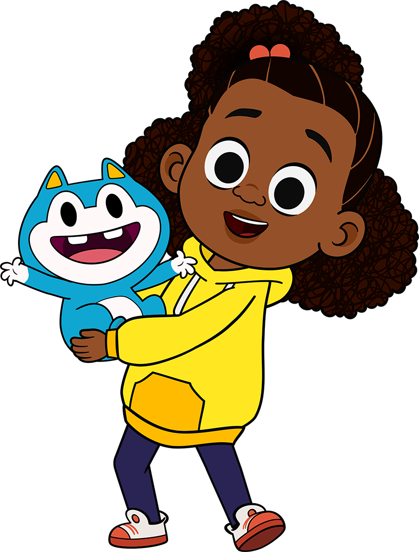 Lyla holds Stu her blue little fuzzy sidekick in her arms as they both smile out at you. 